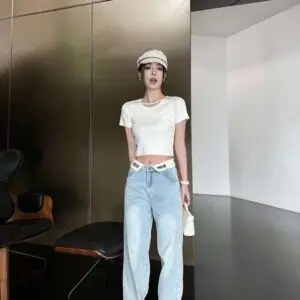 MIU MIU Women Light Blue High-Waist Wide-Leg Jeans