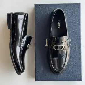 DIOR Embellished Glossed-Leather Loafers